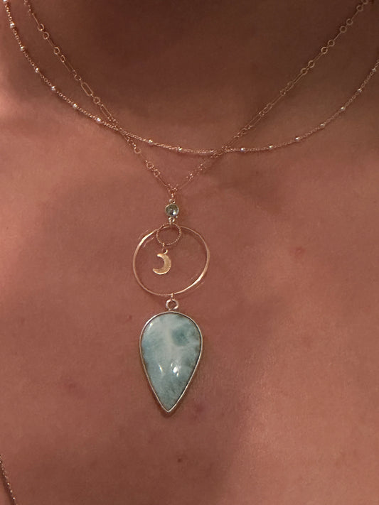 Larimar + Aquamarine mixed medal moon necklace