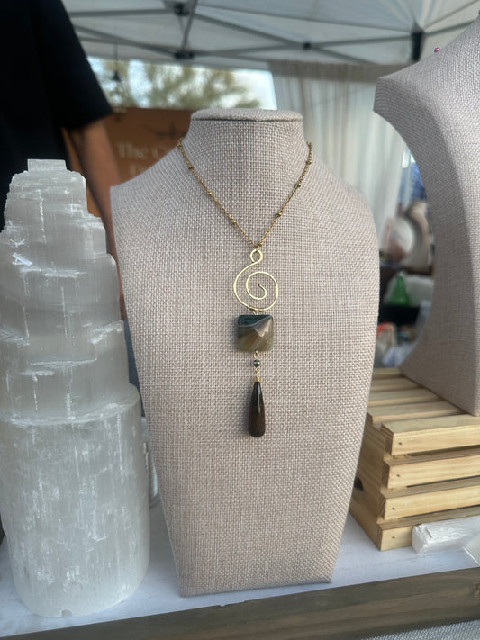 Green Agate, pyrite and Tigers eye necklace