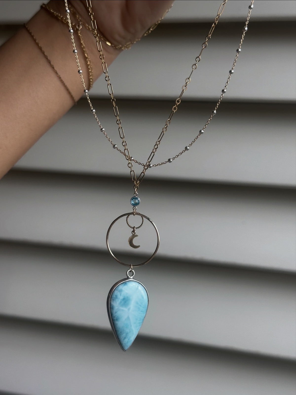 Larimar + Aquamarine mixed medal moon necklace