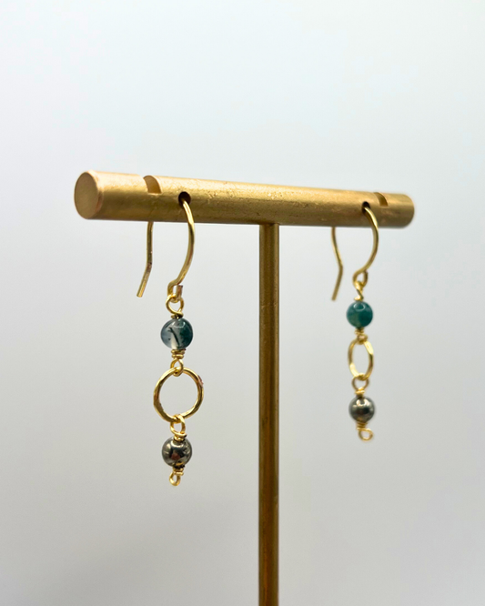 Pyrite & Moss Agate Gold Dangle Earrings