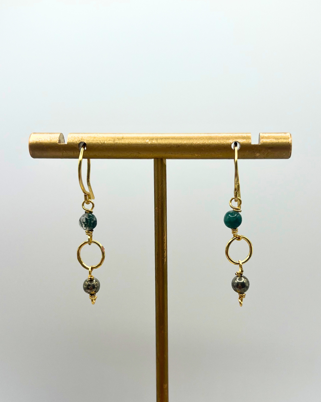 Pyrite & Moss Agate Gold Dangle Earrings
