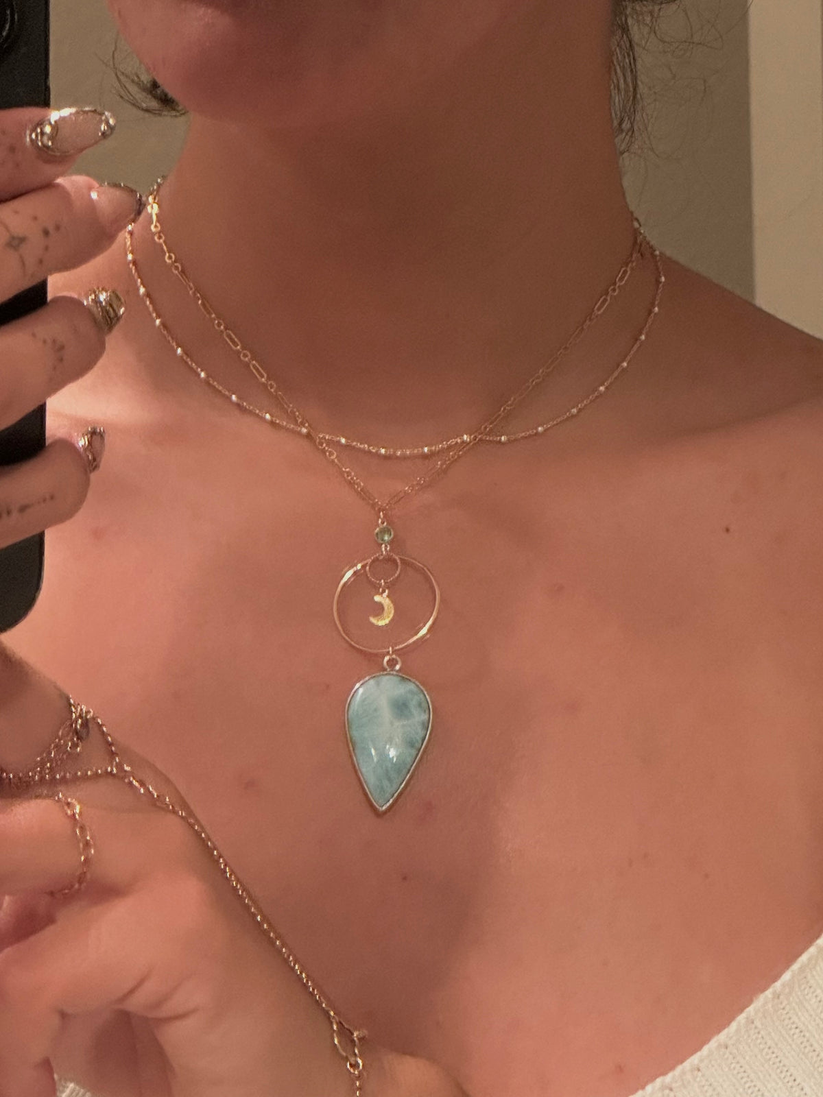 Larimar + Aquamarine mixed medal moon necklace