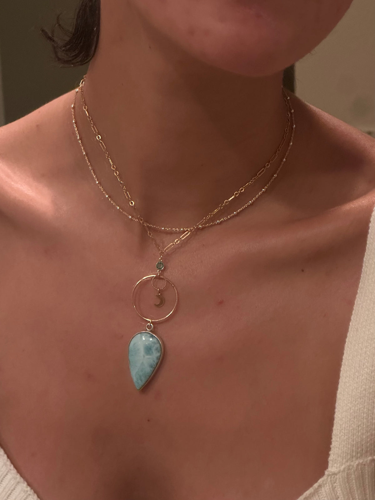 Larimar + Aquamarine mixed medal moon necklace