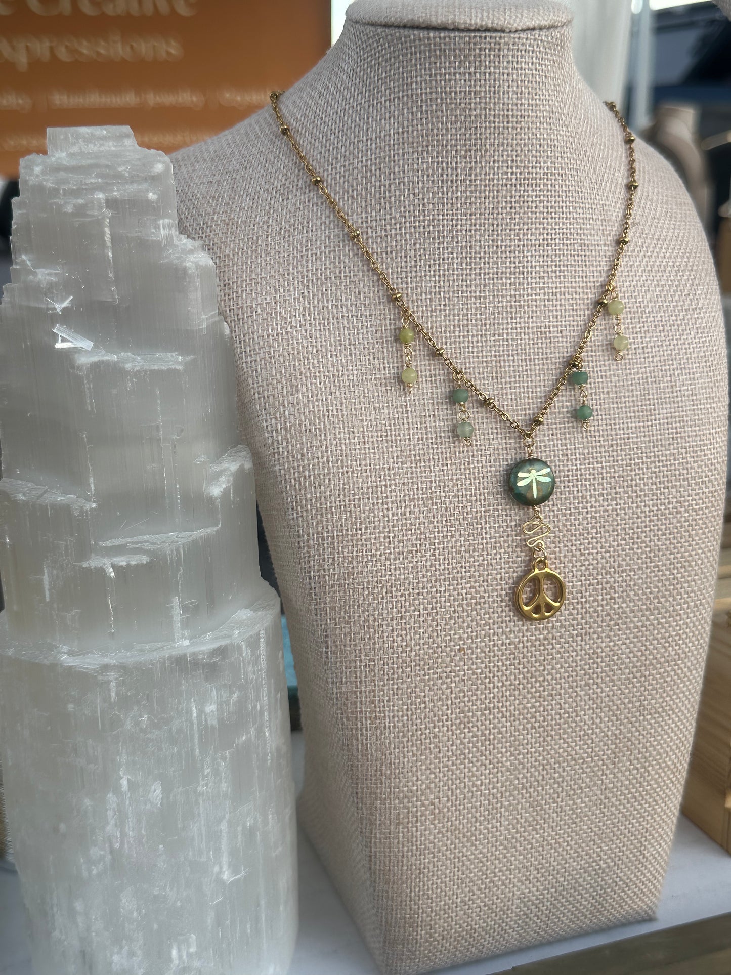 Green Peace and Dragonfly necklace