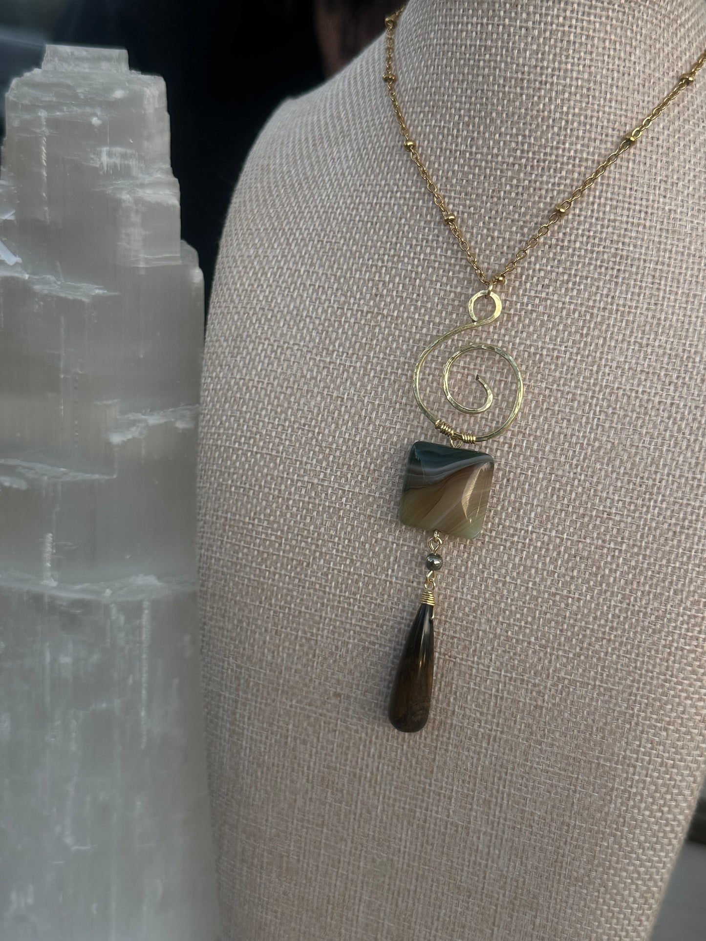 Green Agate, pyrite and Tigers eye necklace